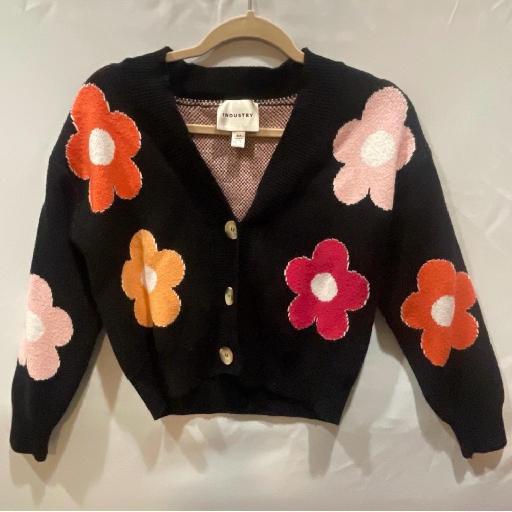 Industry Black Floral Cardigan, Size Small Petite